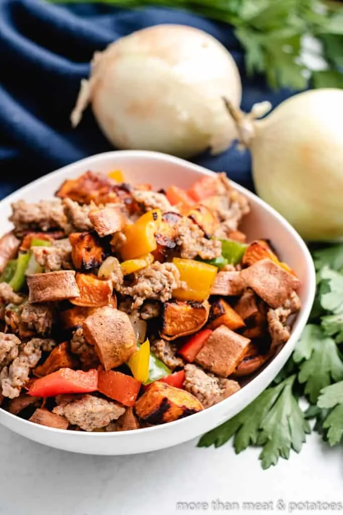 The finished hash served in a large white bowl.