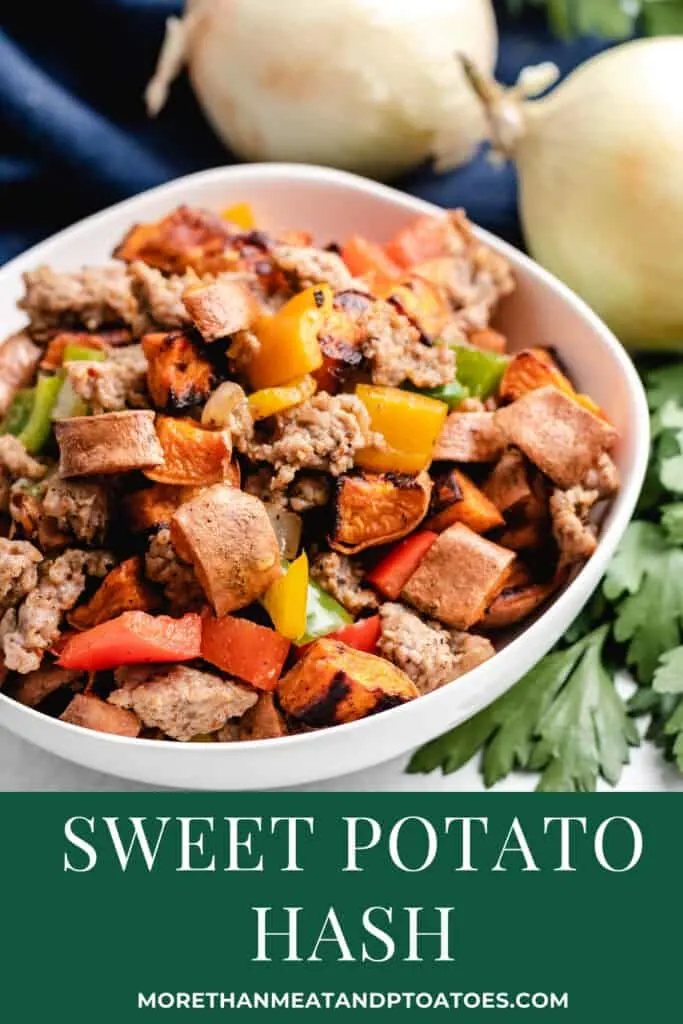 Sweet potato and sausage has served in a white bowl.