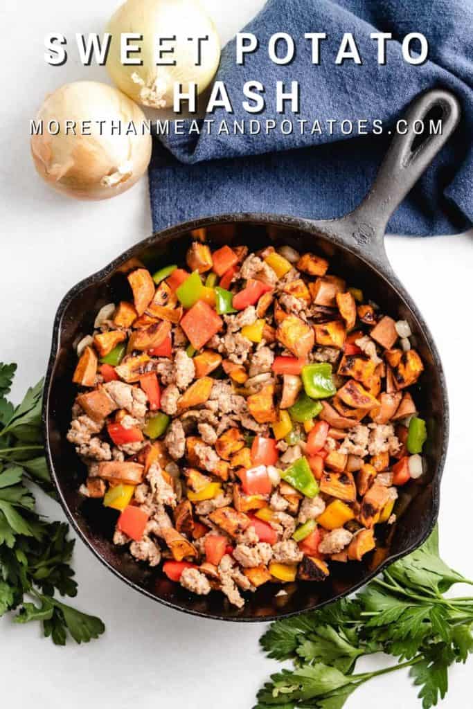Sausage and sweet potato hash in a large skillet.