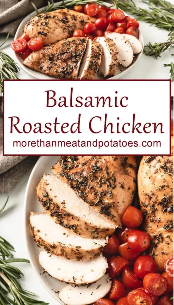 Two stacked photos of the balsamic roasted chicken with tomatoes.