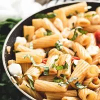 A close-up view of the pasta dinner in a pan.