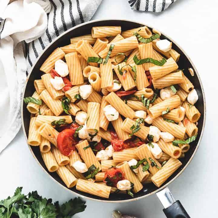 An aerial view of the rigatoni caprese in a pan.