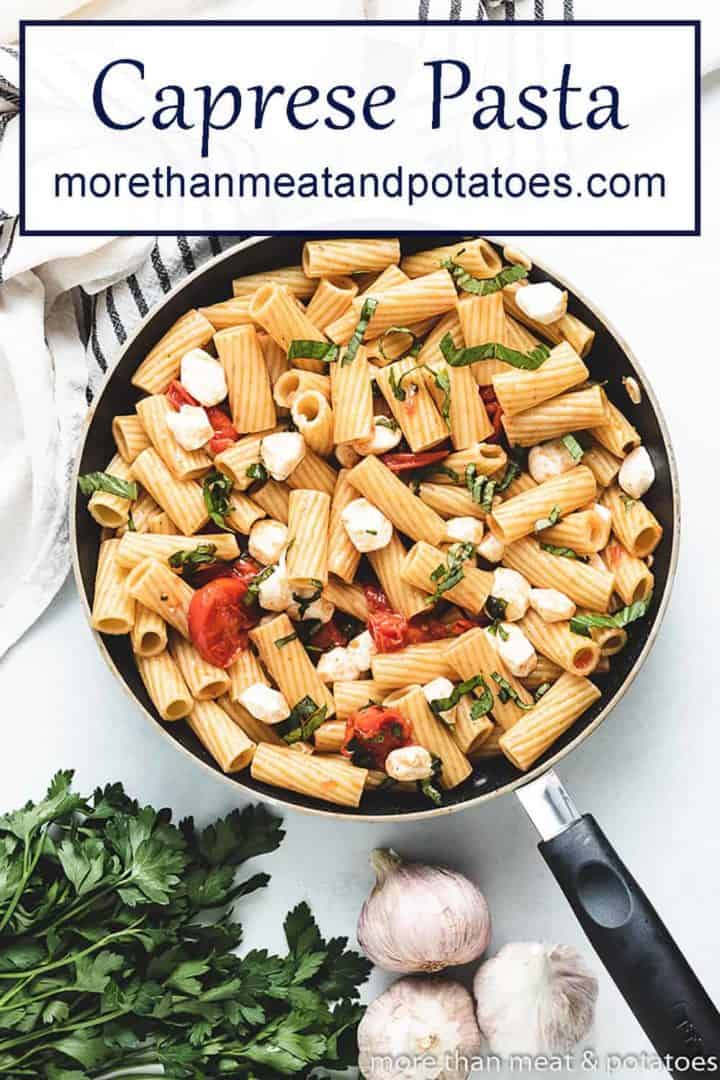 A top-view of the cooked rigatoni pasta caprese.