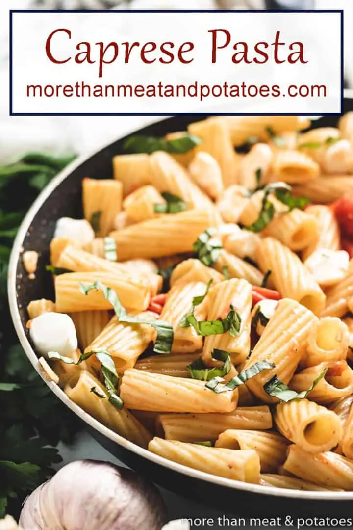 An up-close view of the cooked pasta caprese.