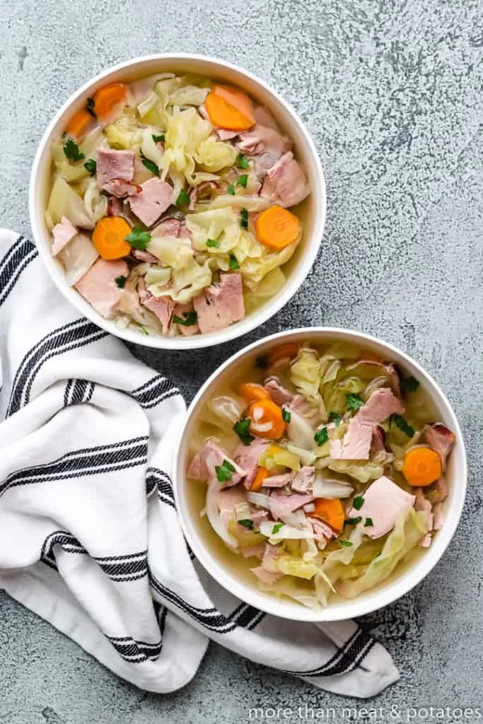 A top-down view of the finished soup in bowls.