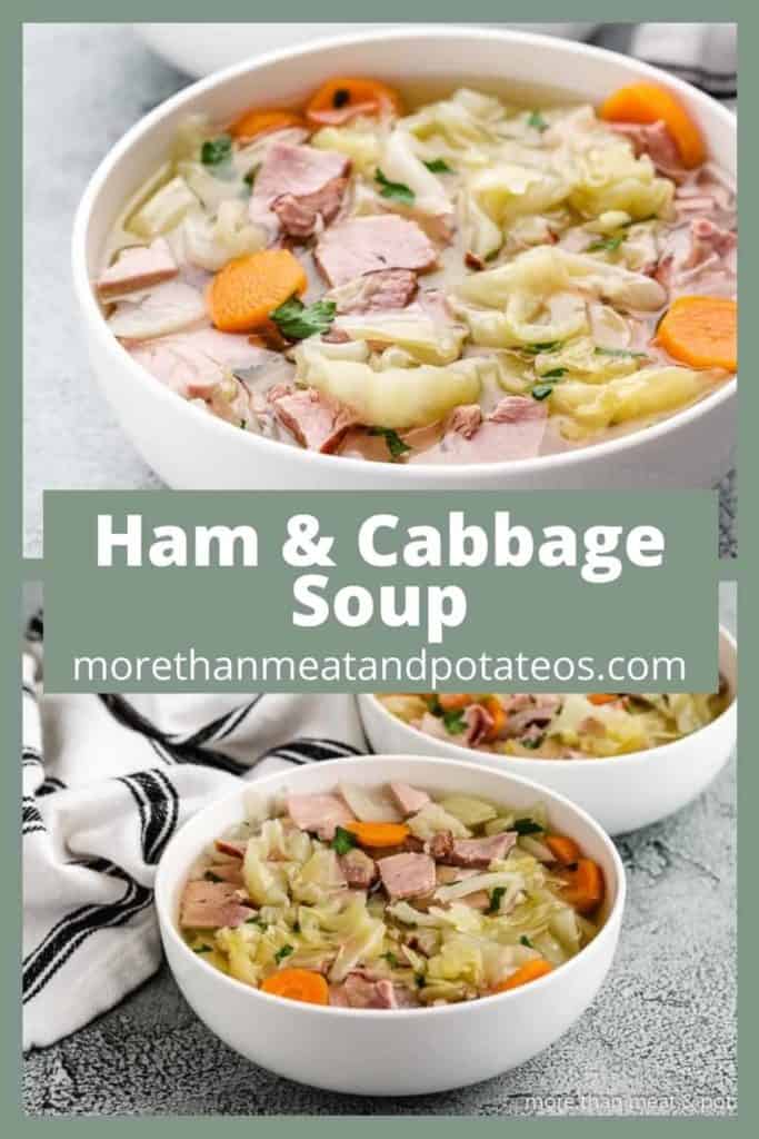 Two photos displaying the ham and cabbage soup in bowls.