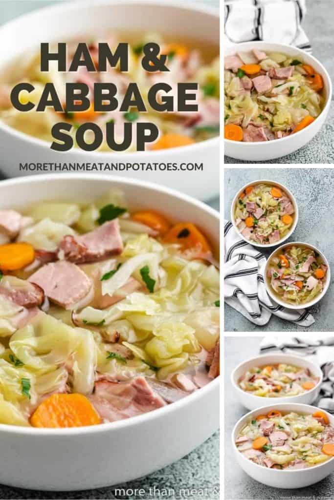 A collage of photos showing the ham and cabbage soup.