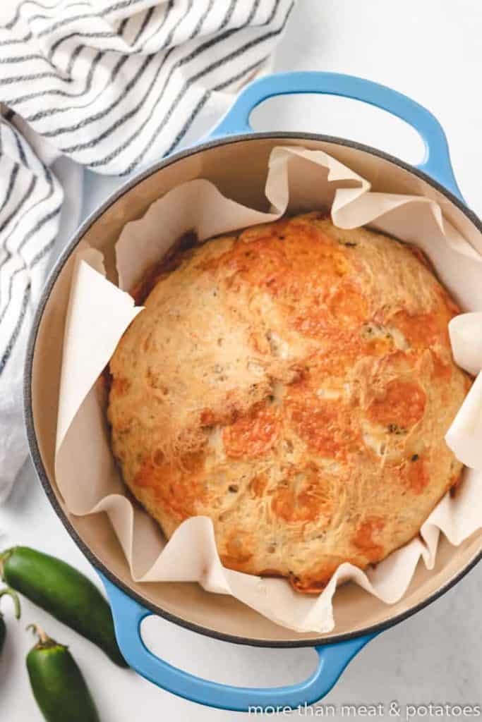 Jalapeno Cheddar Bread The cheese bread baked in a dutch oven.