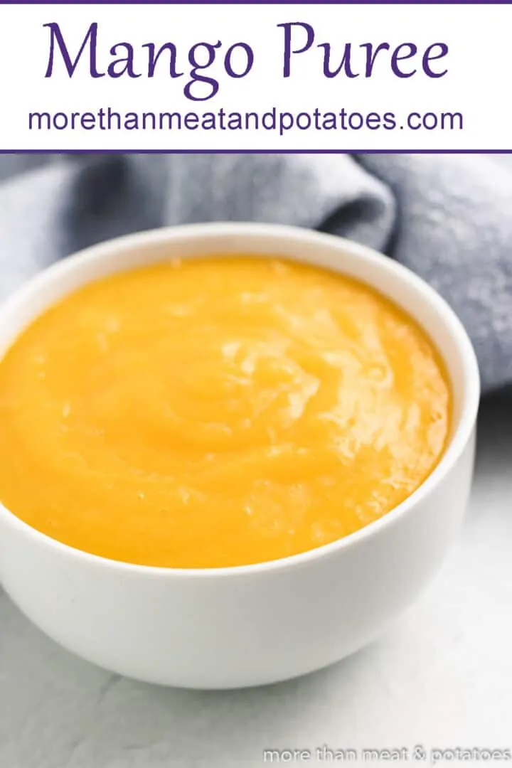 The finished mango puree in a small bowl.