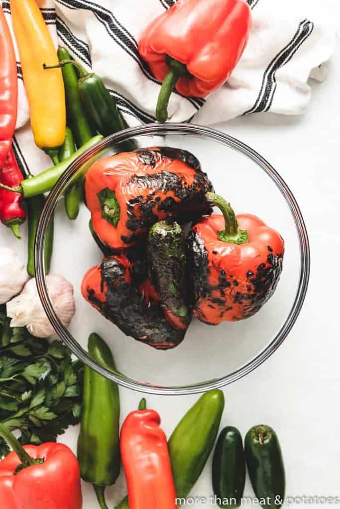 The roasted peppers in the mixing bowl.