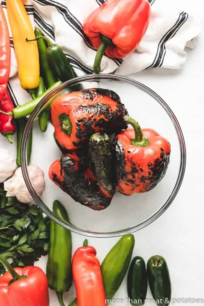 The roasted peppers in the mixing bowl.