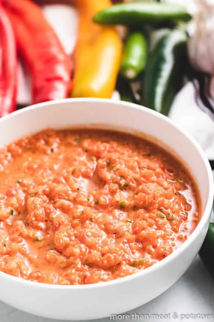 A close-up view of the roasted red pepper salsa.