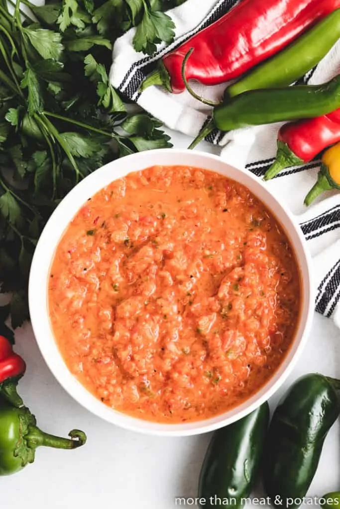 Top-down view of the salsa in a bowl.