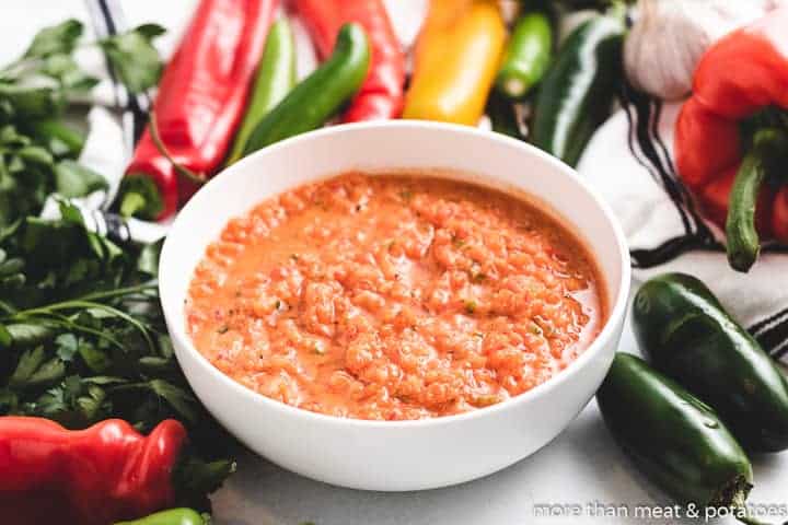 Roasted Red Pepper Salsa A bowl of the roasted red pepper salsa.