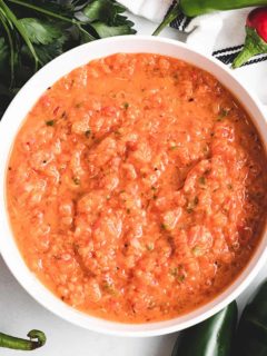 An aerial view of the roasted red pepper salsa.