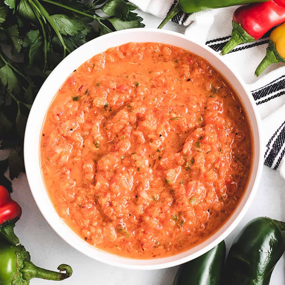 An aerial view of the roasted red pepper salsa.