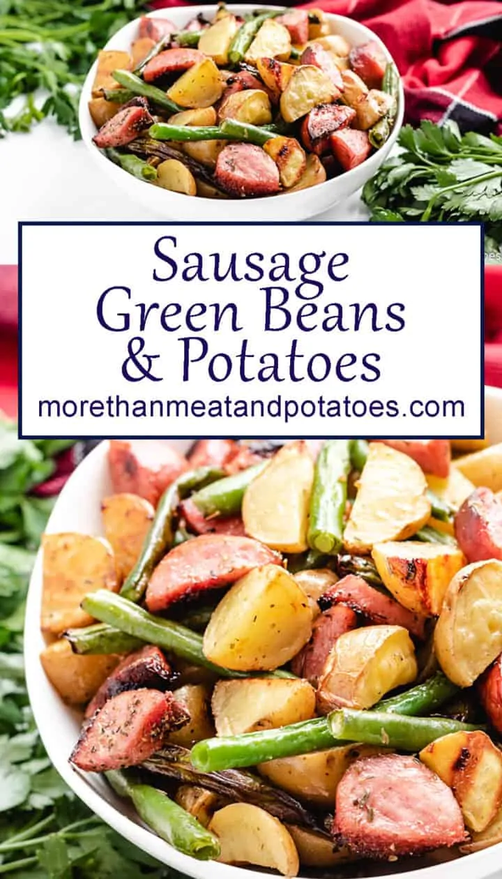 Two stacked photos of the sausage green beans and potatoes.