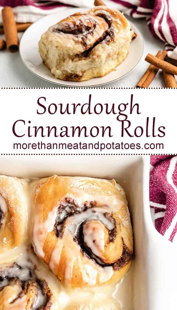 Two stacked photos of the sourdough cinnamon rolls.