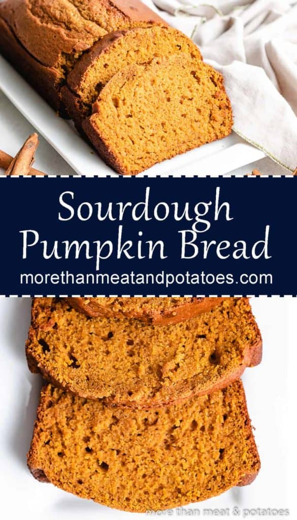 Two stacked photos of the sourdough pumpkin bread.