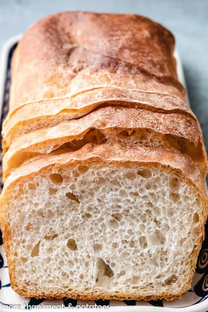 An up-close view of the sliced, baked bread.