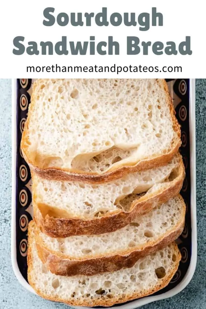 An aerial view of sliced homemade sourdough sandwich bread.