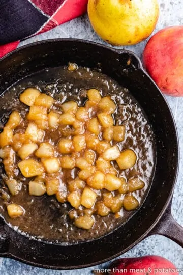 Diced pears and other ingredients in the hot pan.