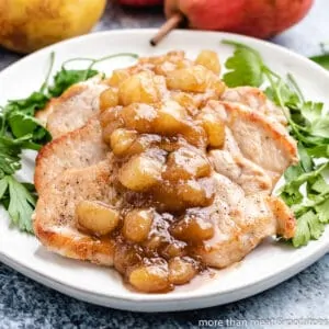 The cast iron pork chops served with a pear chutney.