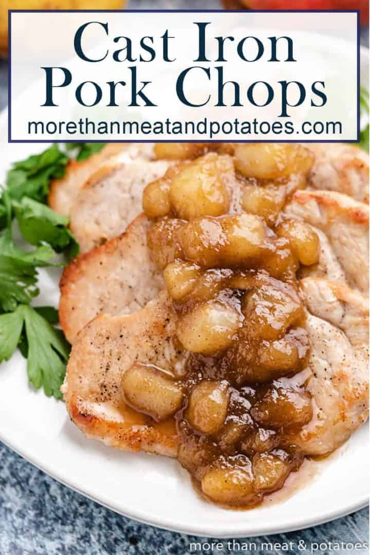 An up=close view of cooked pork chops with a pear chutney.
