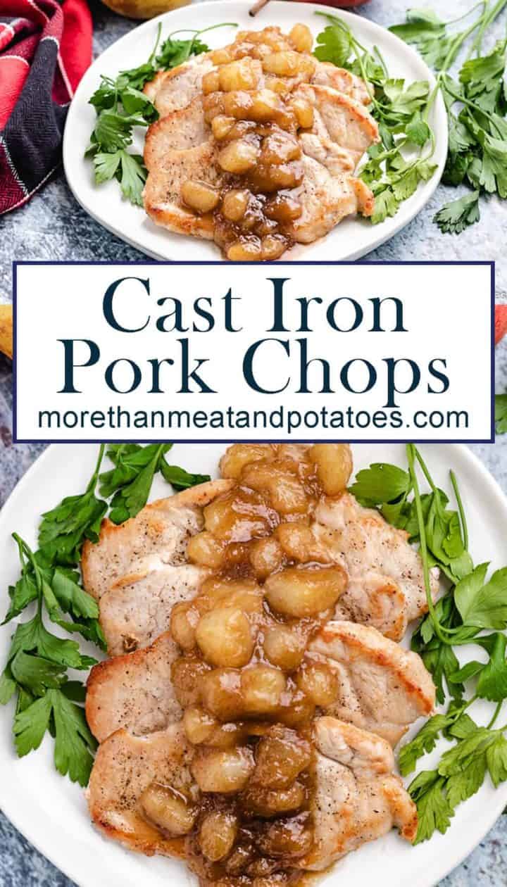 Two photos showing the cast iron pork chops with a pear topping.