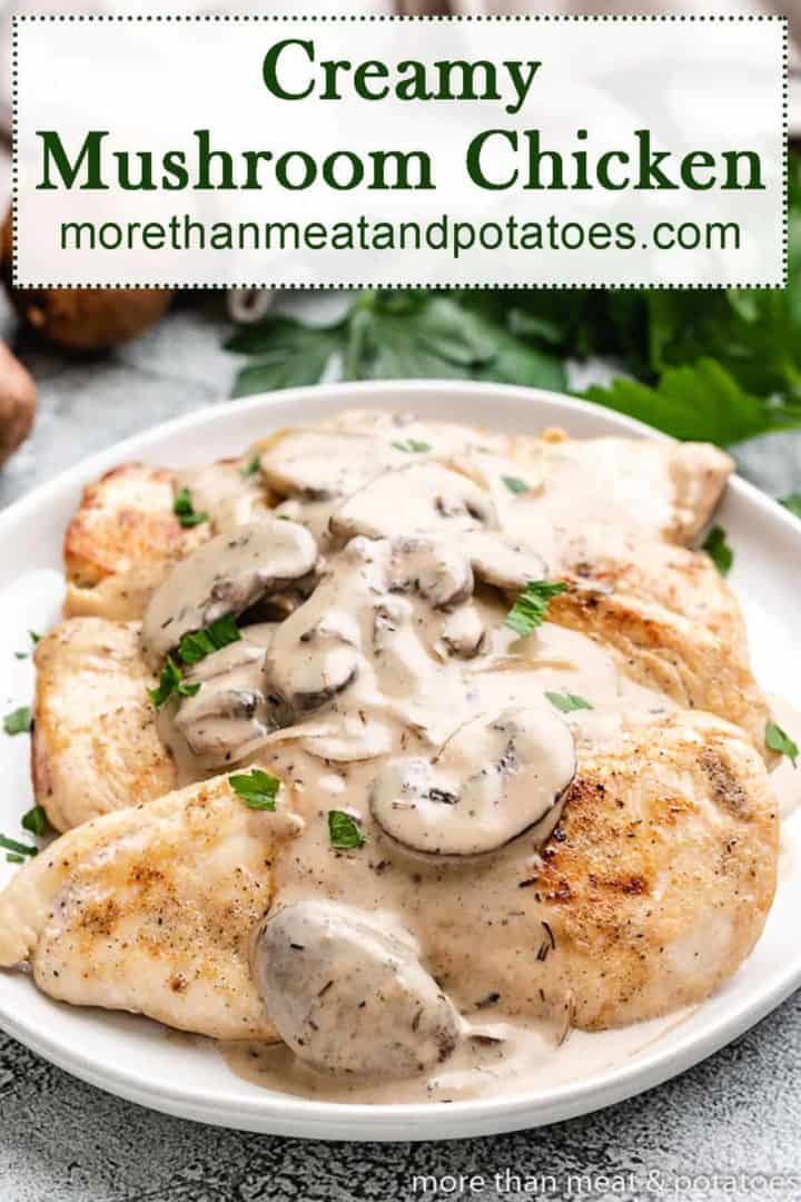 Top-down view of chicken topped with mushroom gravy.