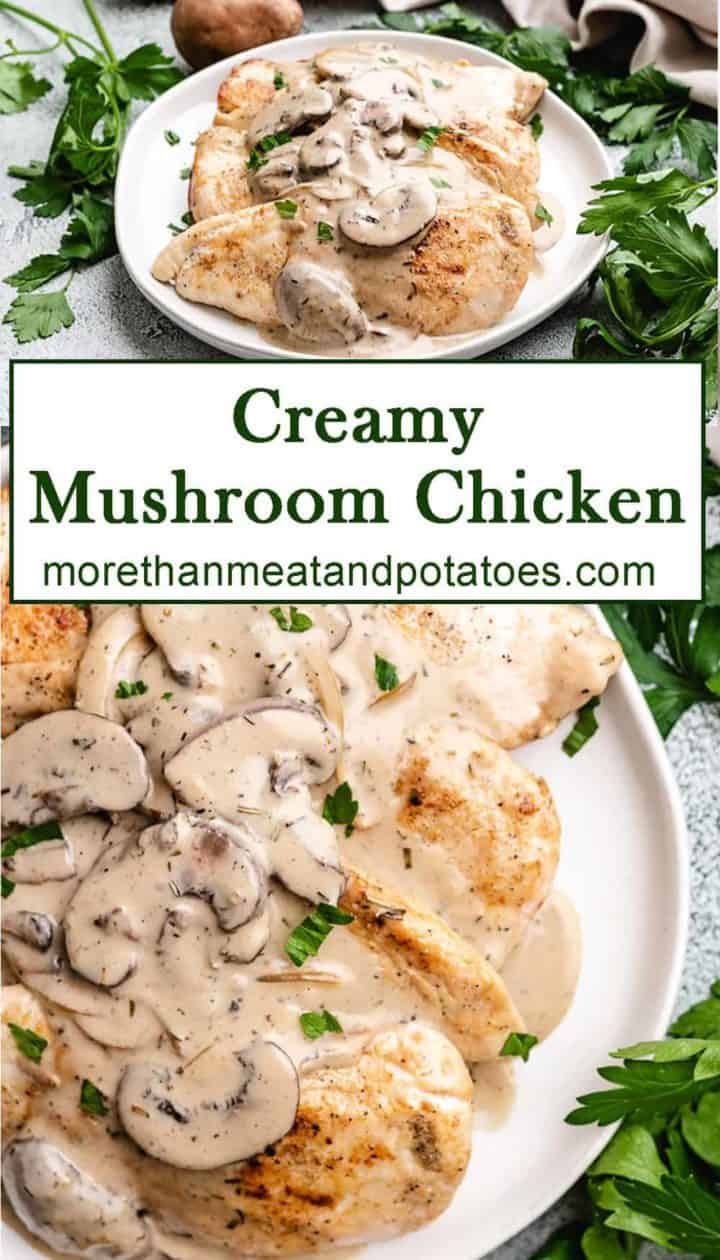 Two stacked photos of the finished creamy mushroom chicken.