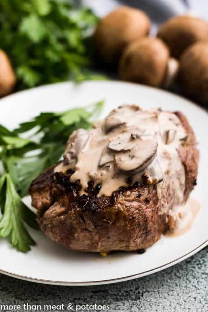 The creamy sauce served over a seared steak.