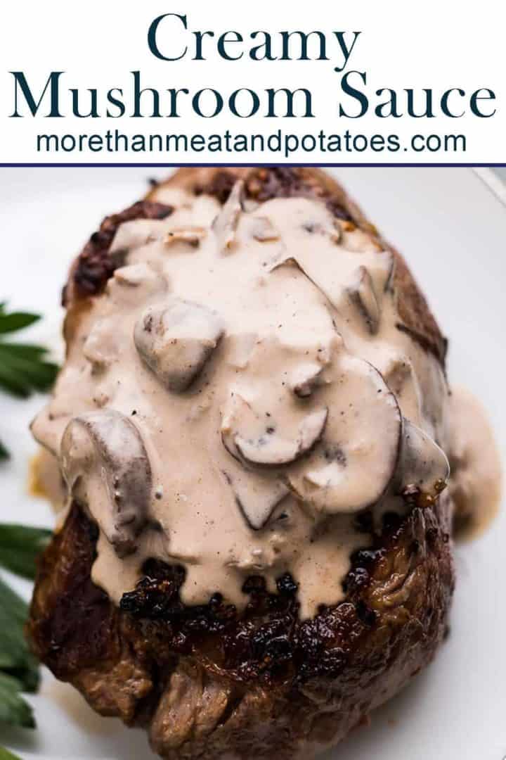 Top-down view of the finished creamy mushroom sauce over steak.
