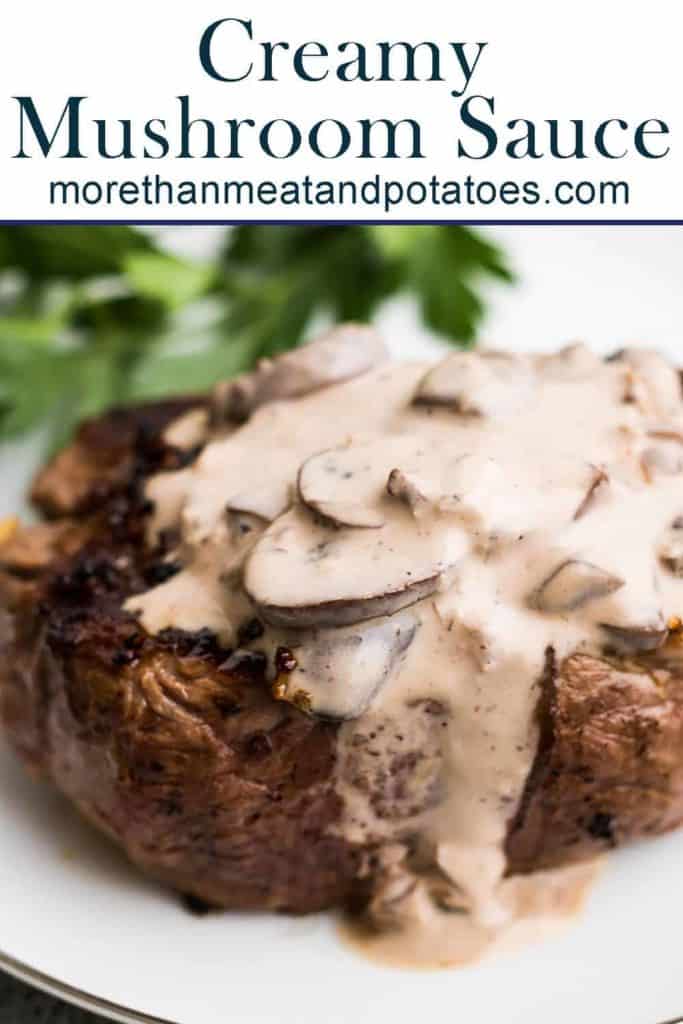 A close-up view of the creamy mushroom sauce served over steak.