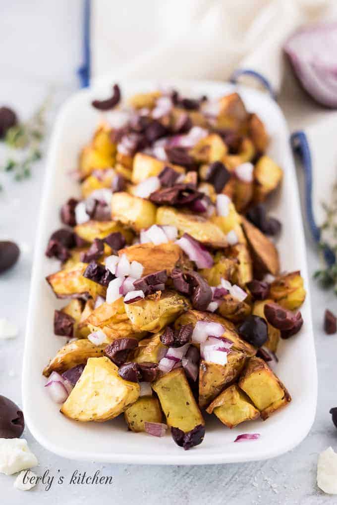 Potato Feta Salad Kalamata olives added to the potatoes.