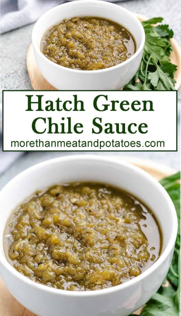 Two photos displaying the finished hatch green chile sauce.