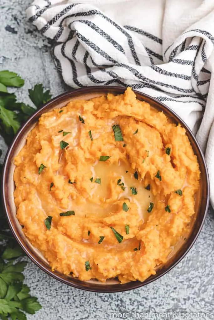 A top-down view of the finished mashed potatoes.