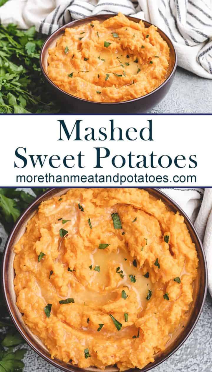Two stacked photos displaying the mashed sweet potatoes.