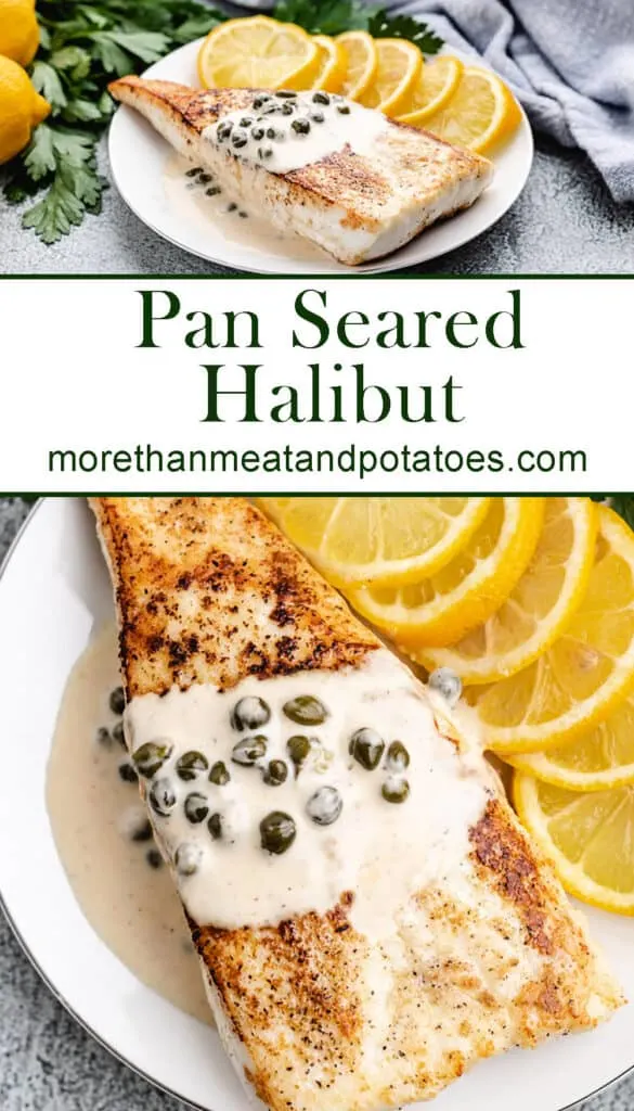 Two photos showing the finished pan seared halibut.