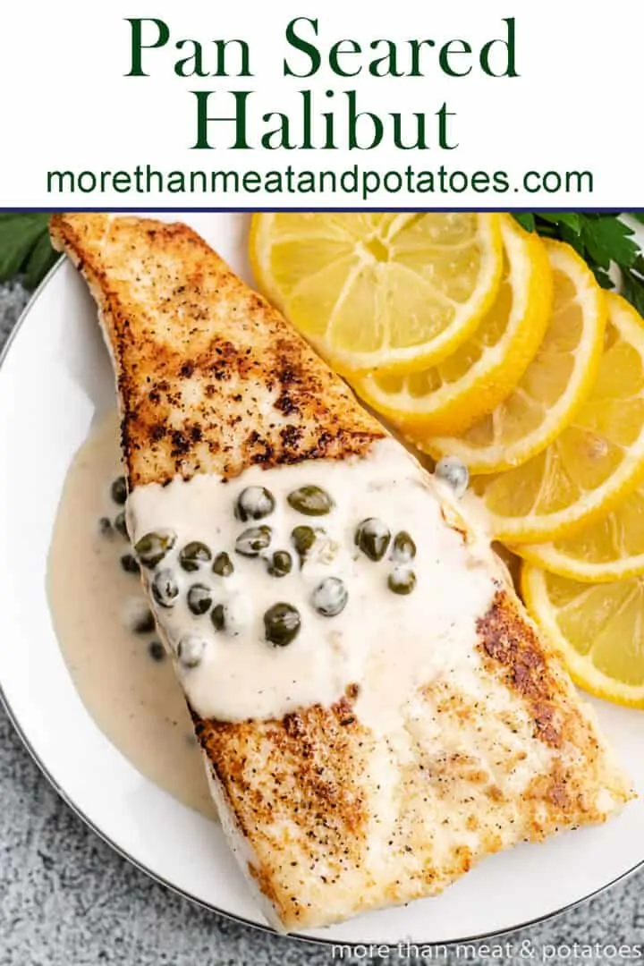 An aerial view of pan seared halibut on a plate.