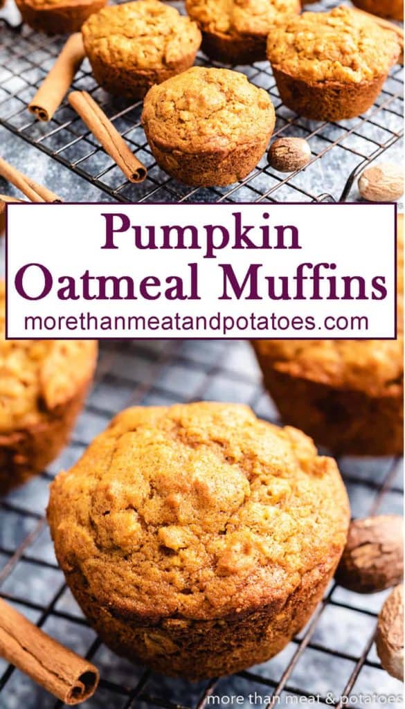 Two stacked close-up photos of the pumpkin oatmeal muffins.