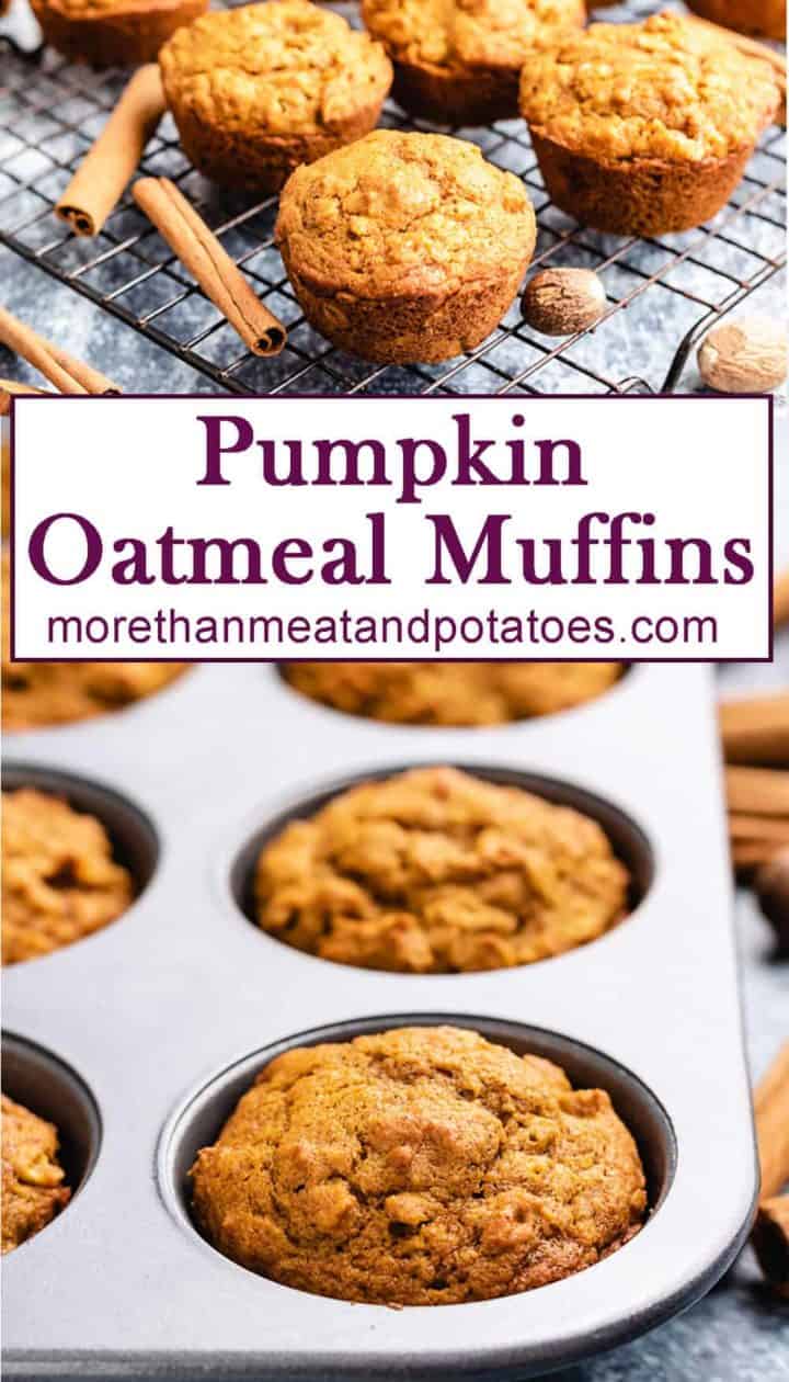 Stacked photos of the freshly baked pumpkin oatmeal muffins.