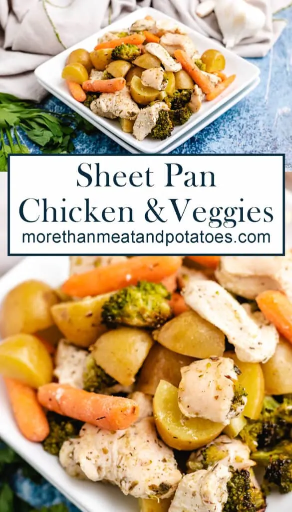 Two stacked photos showing the finished sheet pan chicken and veggies.