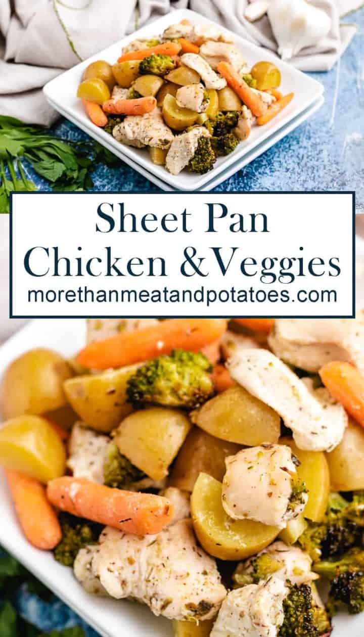 Two stacked photos showing the finished sheet pan chicken and veggies.