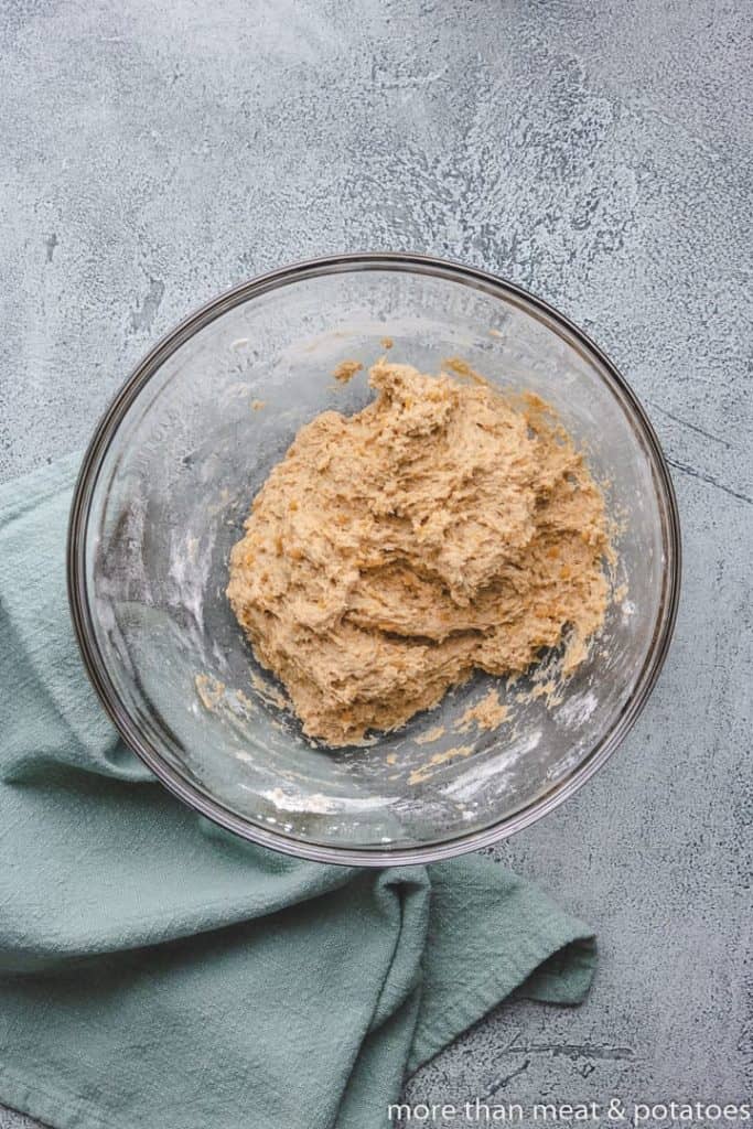The sweet potato mixture combined with the flour mixture.