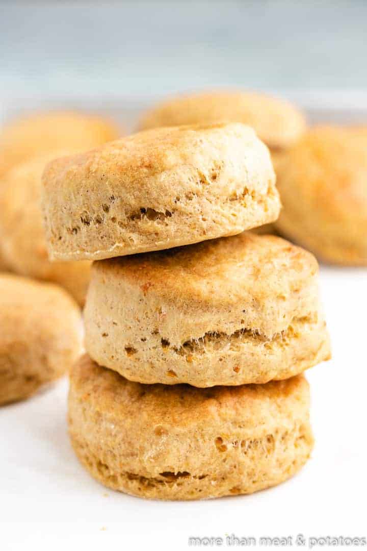 Three baked biscuits stacked on top of each other.