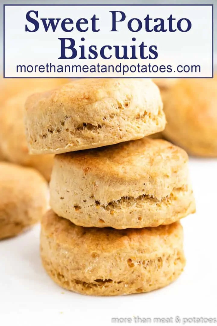 Three stacked sweet potato biscuits.