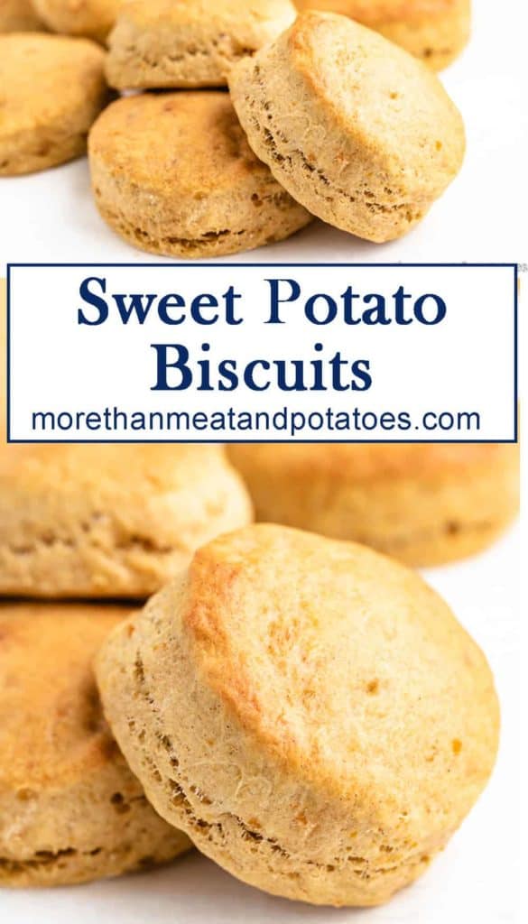 Two stacked photos featuring the baked sweet potato biscuits.