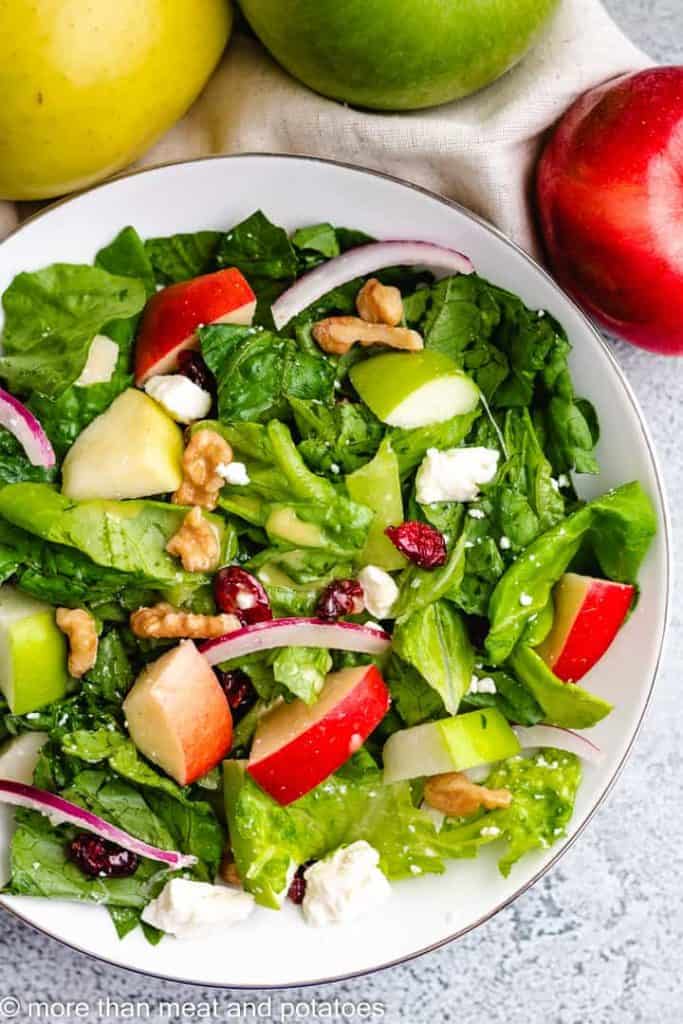 An aerial view of the salad in a decorative bowl.