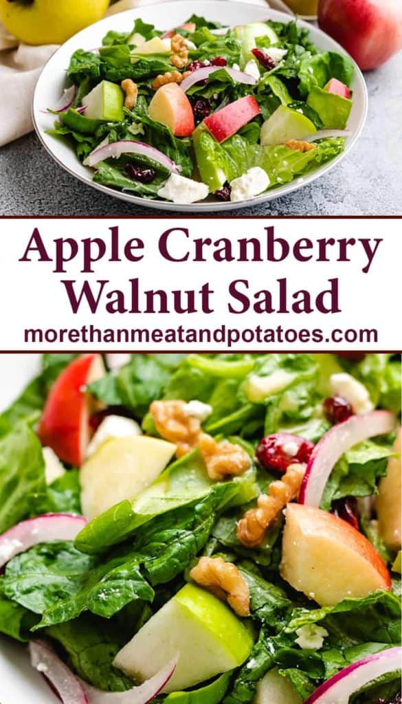 Two stacked photos showing the apple cranberry walnut salad.